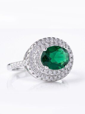 Oval Emerald Green Gemstone Ring, 925 Sterling Silver Charmed Aroma